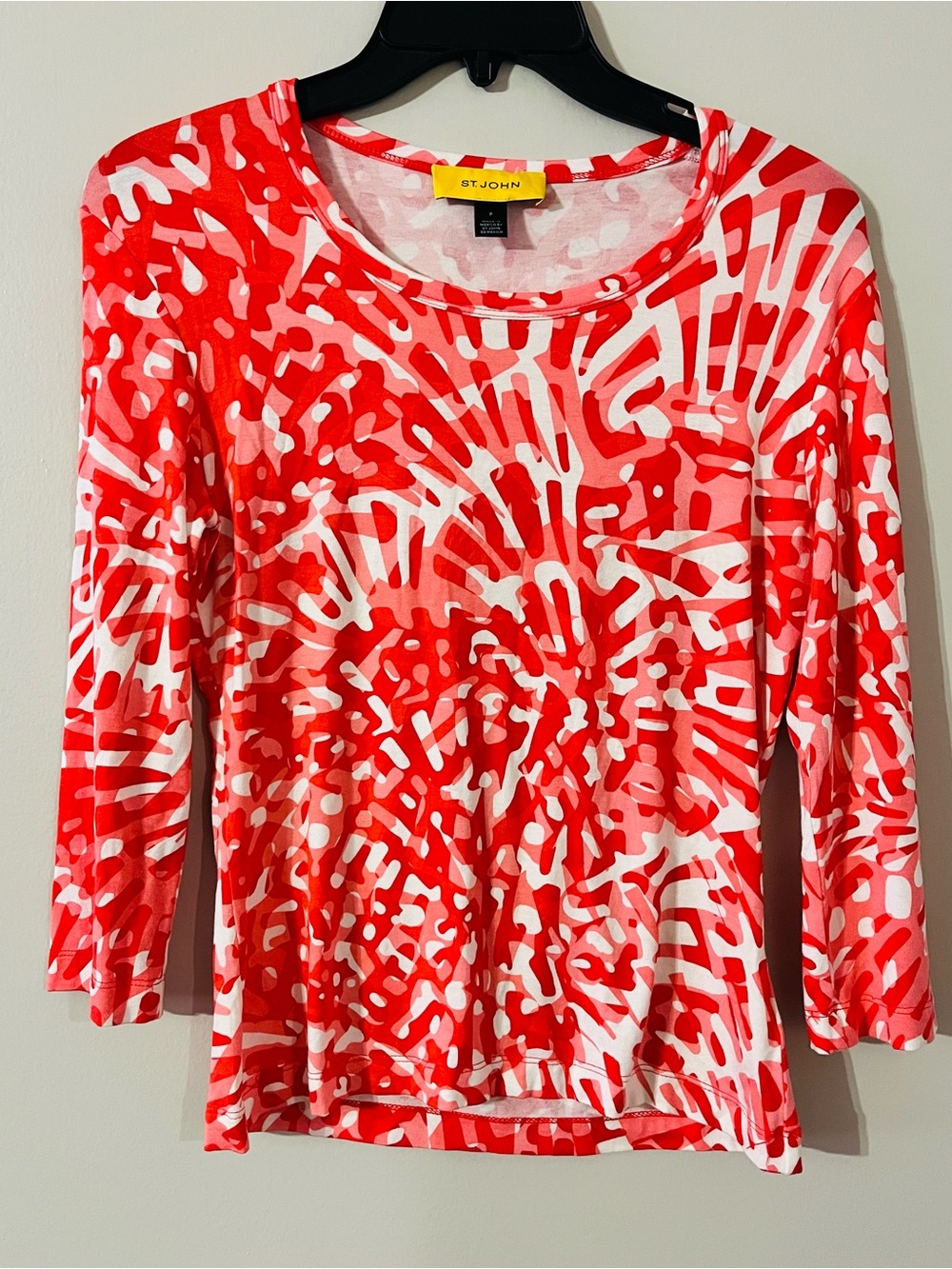 St. John Red & White Abstract Scoop Neck Long Sleeve Top Sz-P